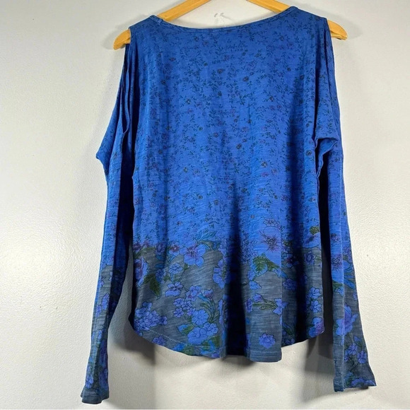 NWT Lucky Brand Women's Cotton Slit Sleeve Keyhole Floral Blue Top - Picture 3 of 8